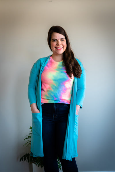 Emmy Mid Length Cardi in Bright Teal
