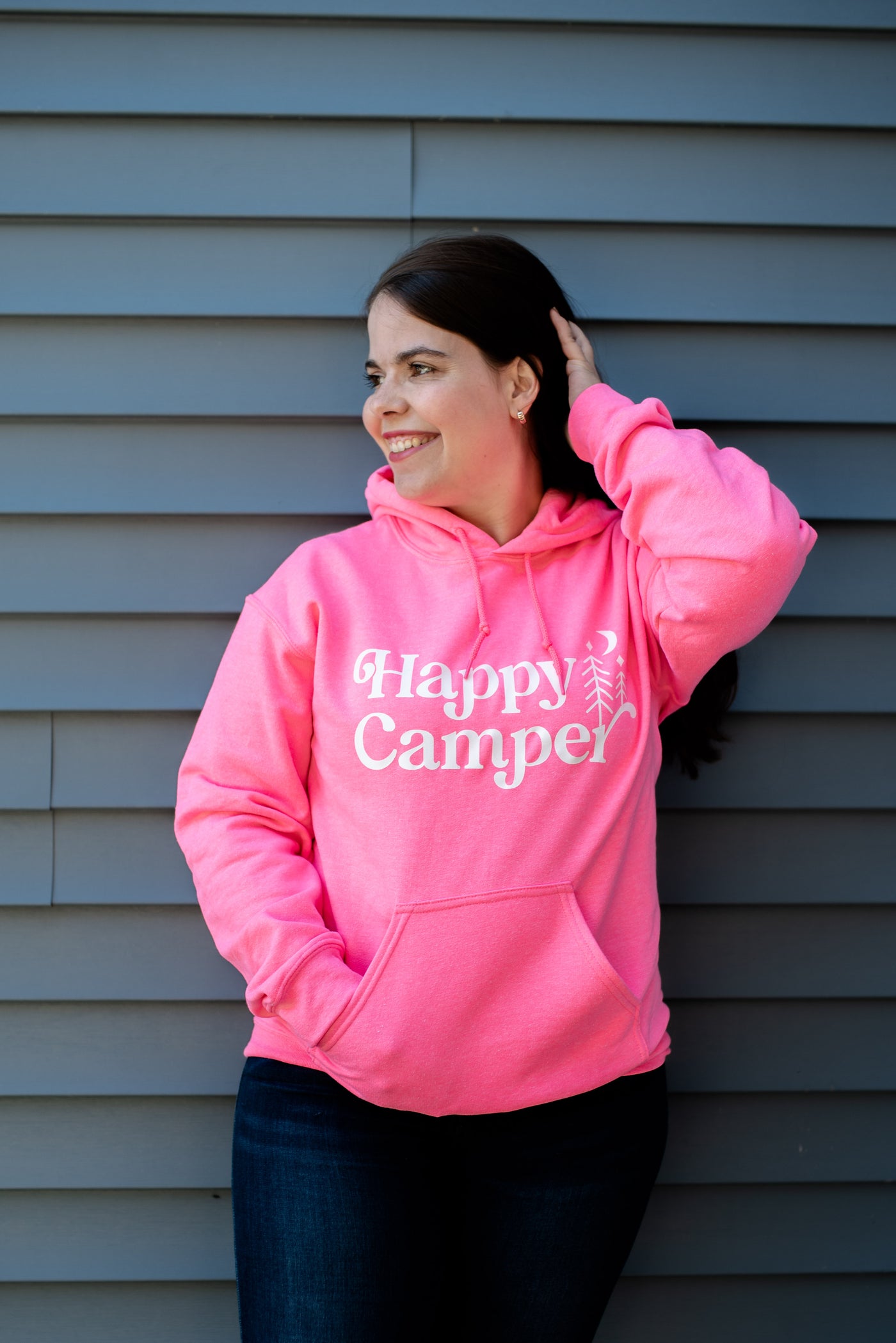 Happy Camper Hoodie in Safety Pink